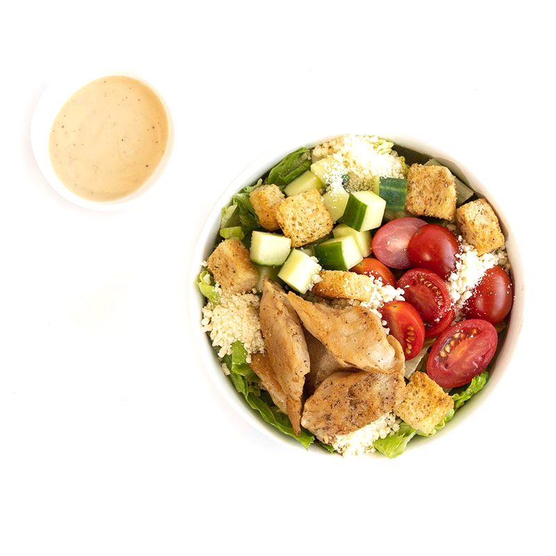plant-based chicken, caesar salad