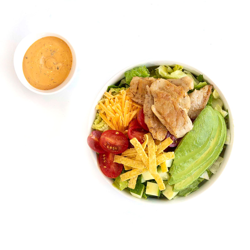 plant-based chicken, salad