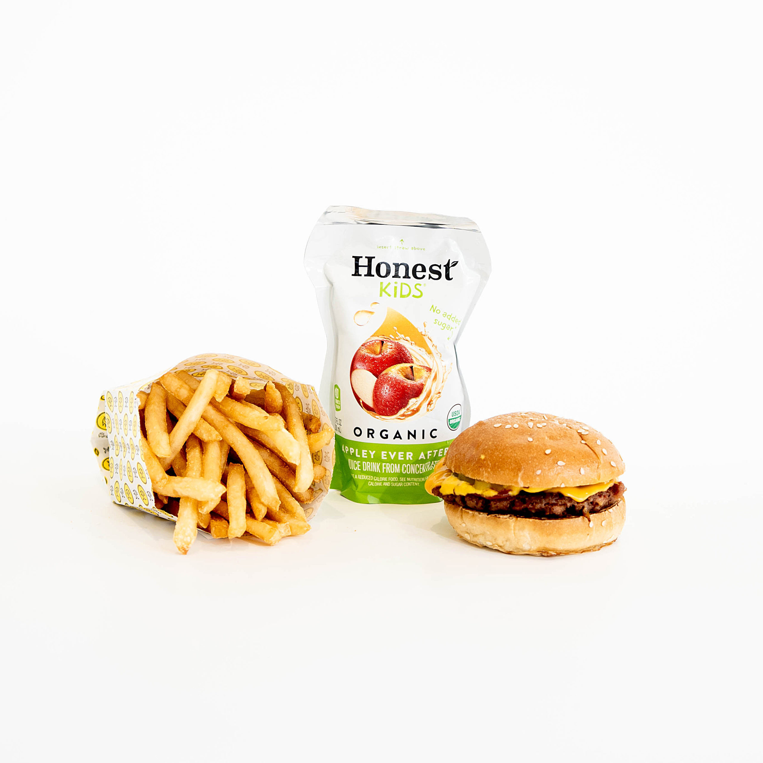 plant-based burger, cheeseburger, fries